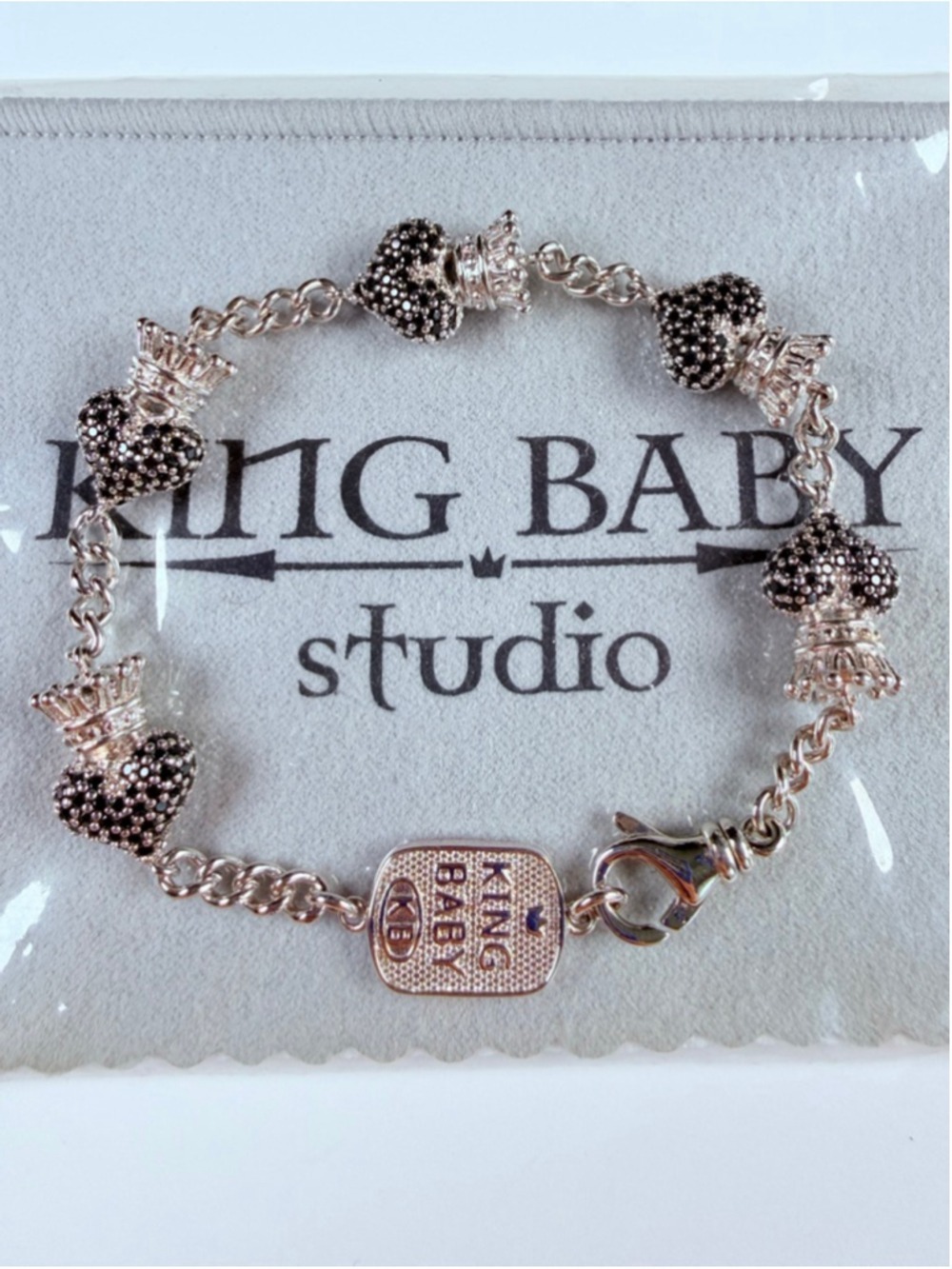 King Baby Studio Black Pave Cubic Zirconia CZ Crowned Heart Bracelet $595